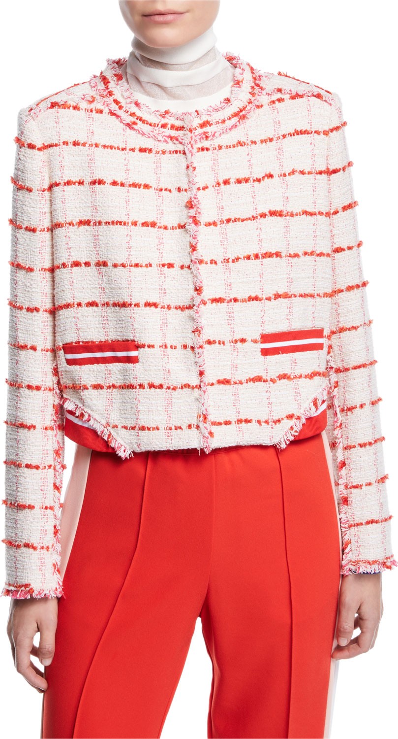 Pinko Cropped Check Frayed Boucle Jacket