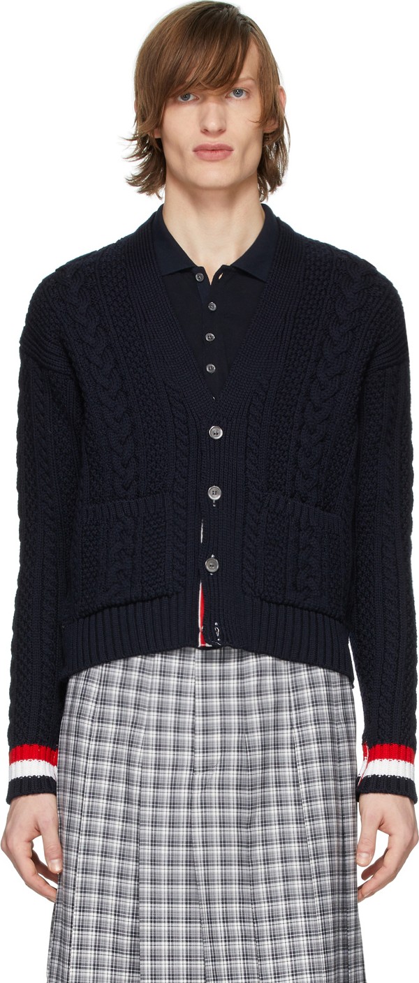 Thom Browne Navy Aran Classic Cardigan