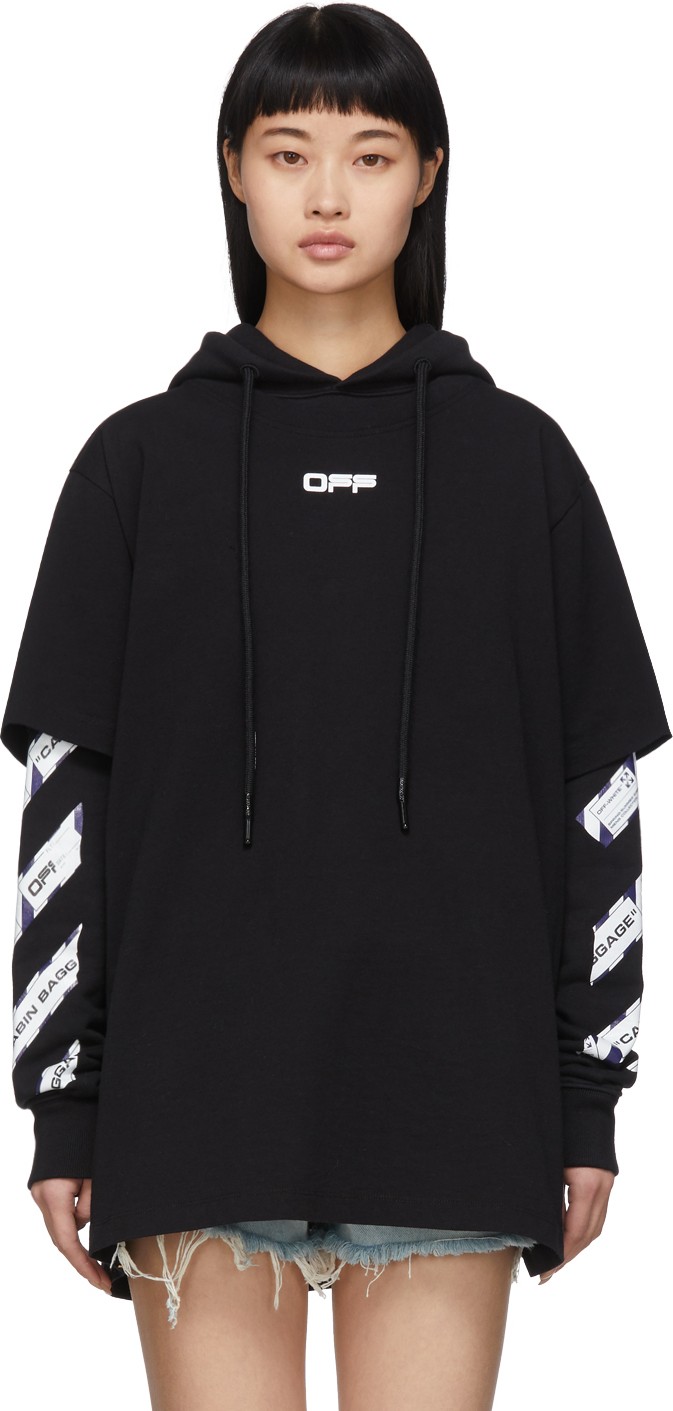 Off White Black Airport Tape Double-Layer Hoodie