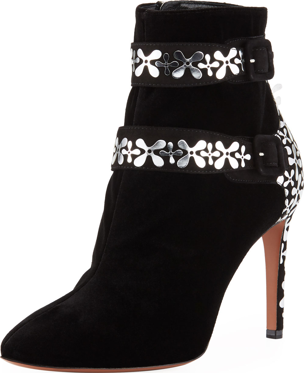 Alaïa Velvet Flower-Embellished Two-Buckle Ankle Booties
