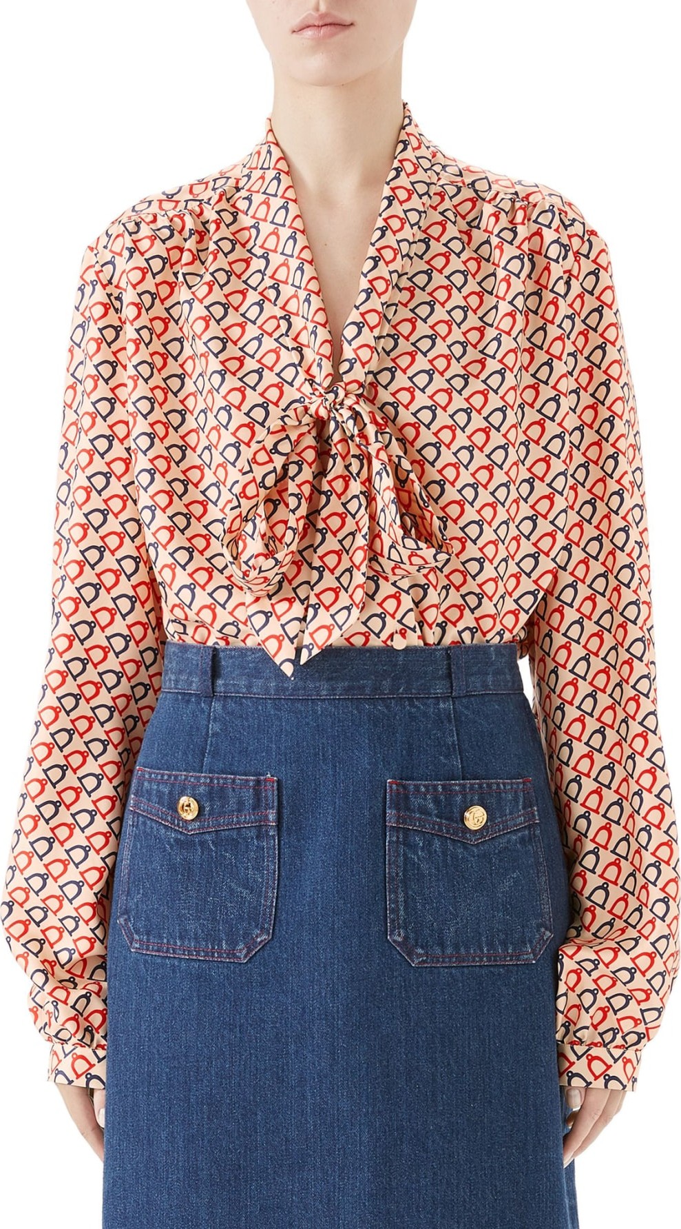 Gucci Diagonal Stirrups Print Silk Twill Blouse