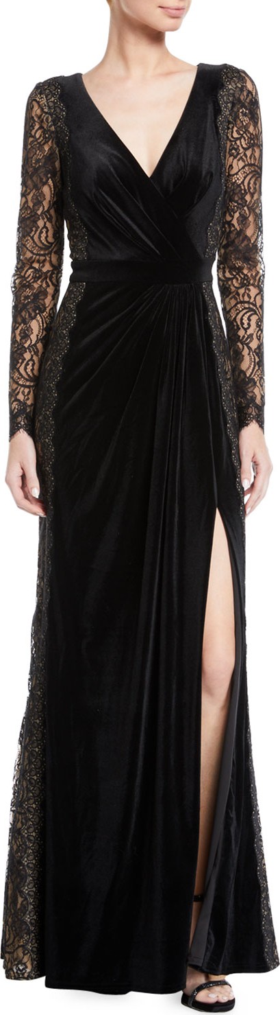 Tadashi Shoji Lace Long-Sleeve Velvet Gown