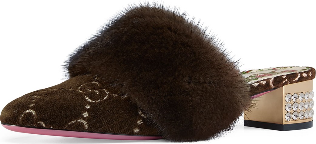 Gucci 35mm Candy Velvet GG Mule With Fur Trim
