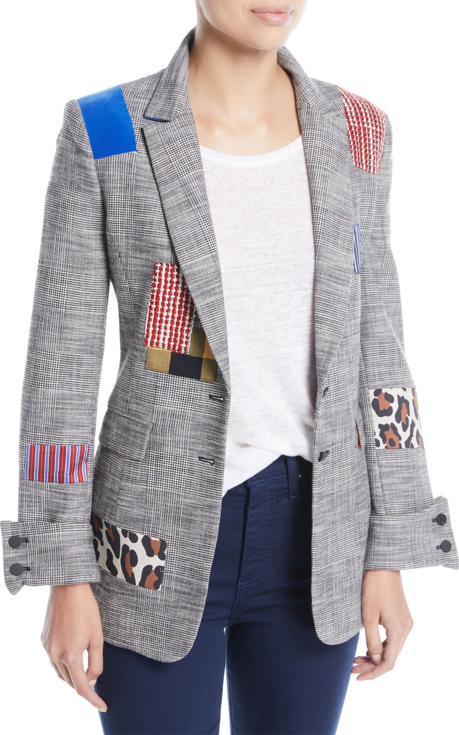 Alice + Olivia Paulene Patchwork French-Cuff Check Blazer