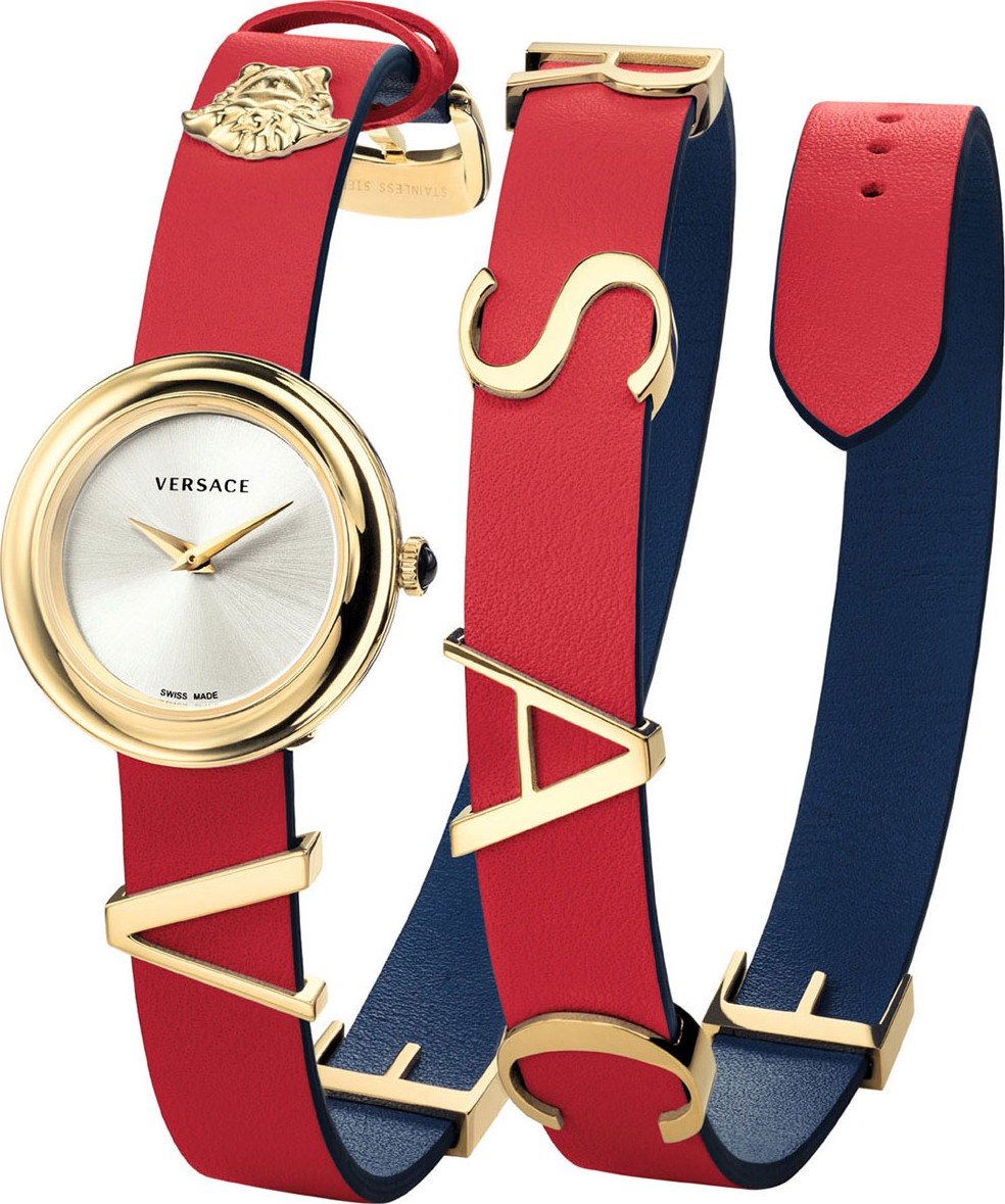 Versace 28mm V-Flare Leather Wrap Watch, Red/Blue