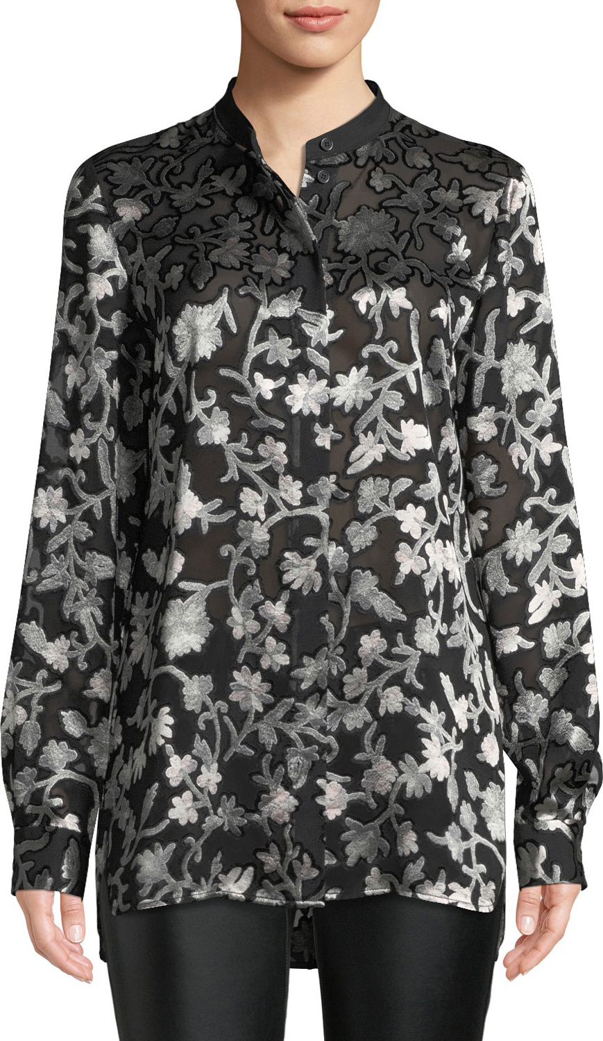 Lafayette 148 New York Brayden Long-Sleeve Button-Front Floral-Burnout Blouse