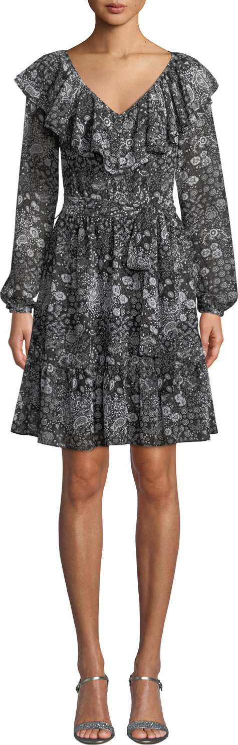 MICHAEL MICHAEL KORS V-Neck Ruffle Long-Sleeve Paisley-Print Dress