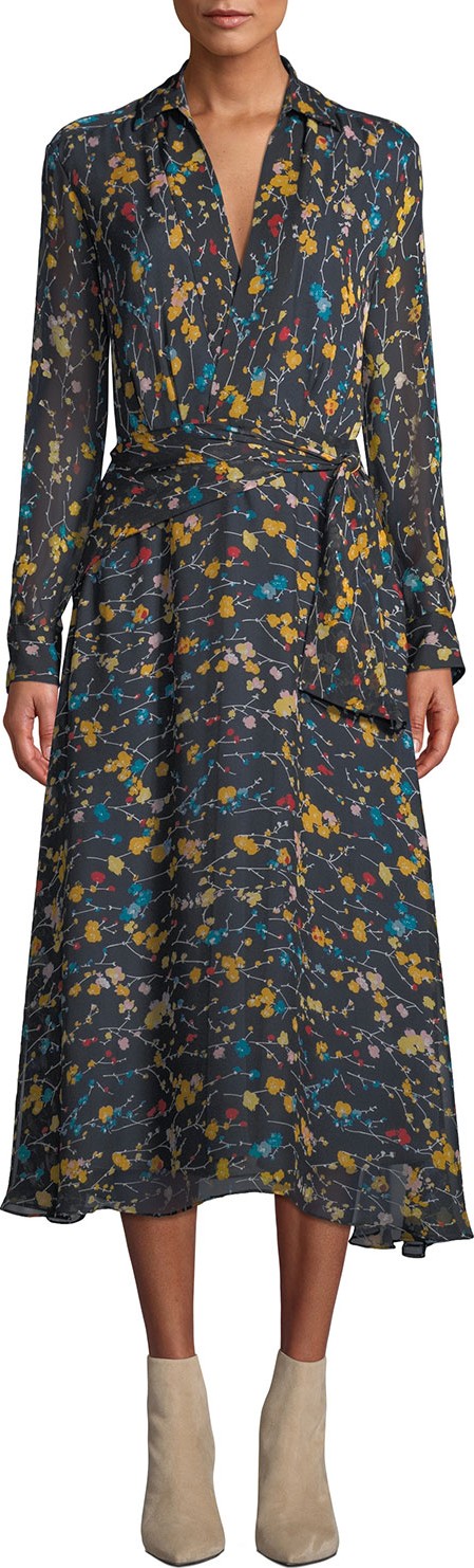 Equipment Vivienne V-Neck Long-Sleeve Floral-Printed A-line Dress