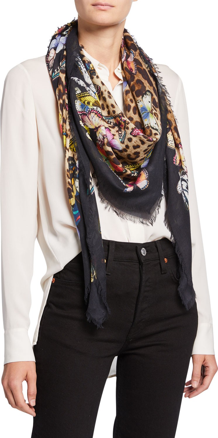 Dolce & Gabbana Butterfly & Leopard Print Modal/Cashmere Scarf