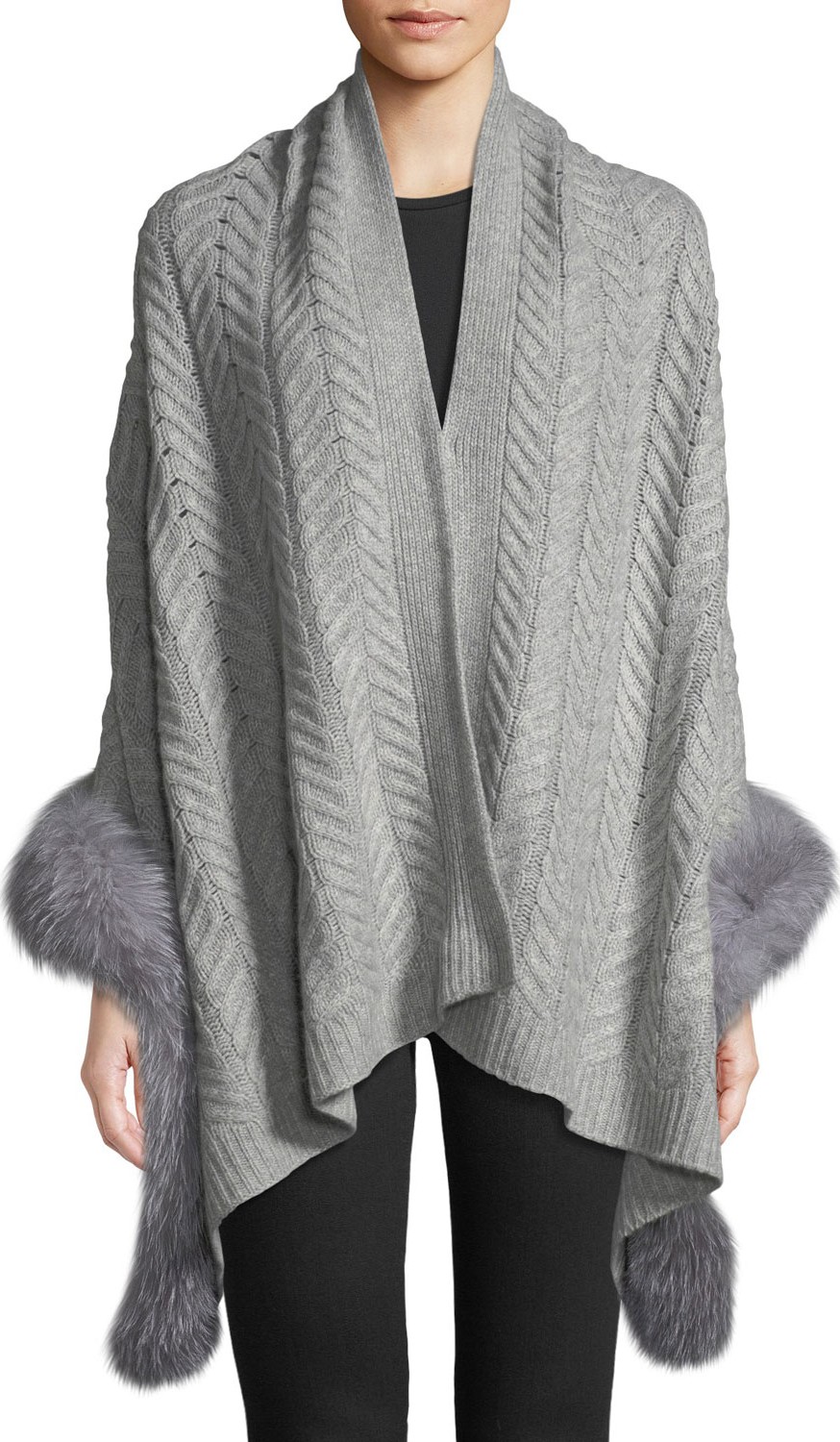 Sofia Cashmere Cashmere Staghorn Chunky Knit Wrap w/ Fur Trim