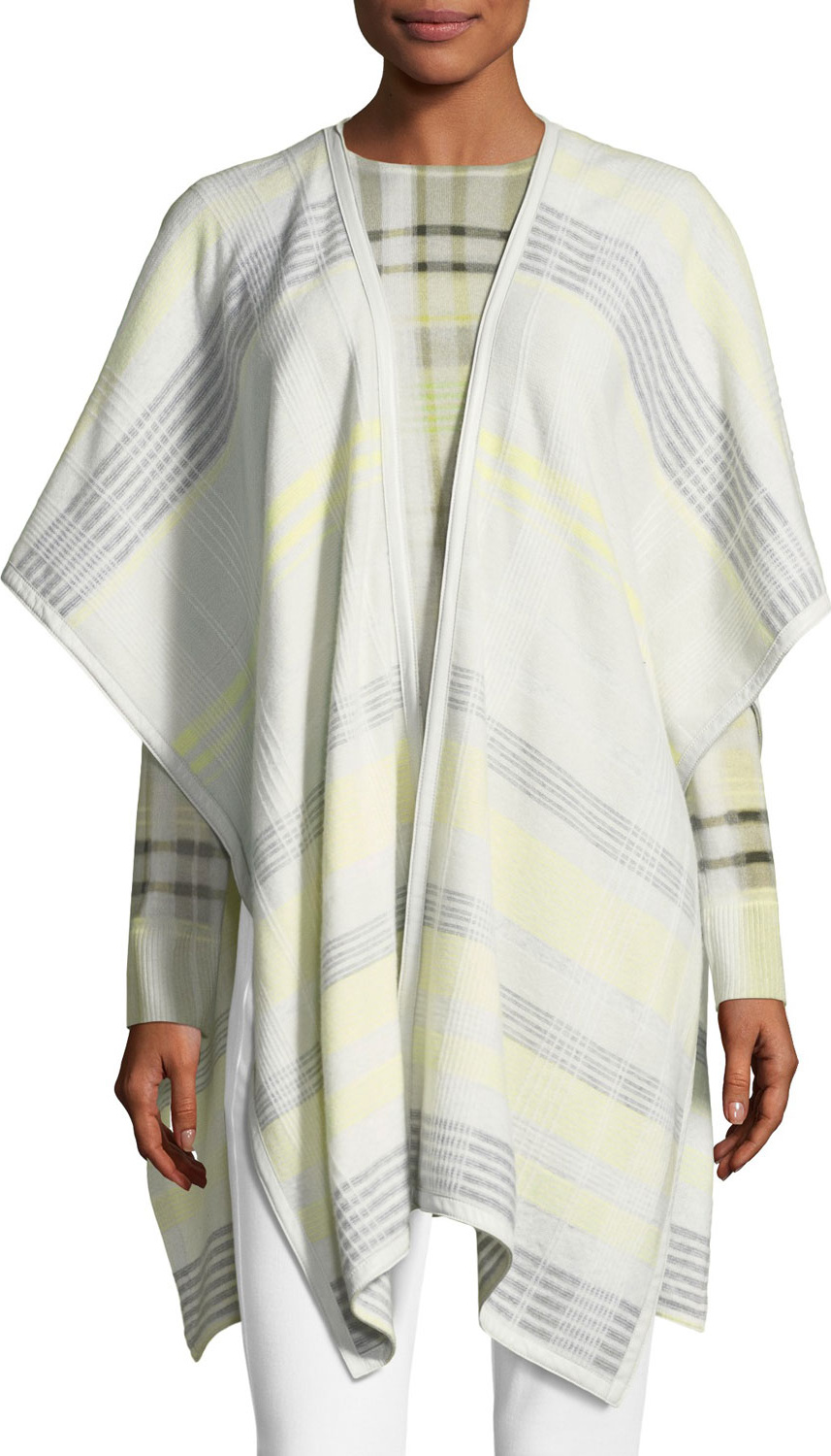 St. John Felted Plaid Knit Wrap w/ Leather Trim