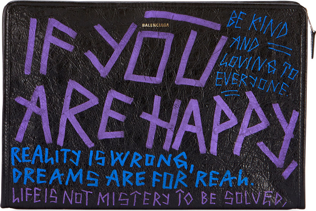 Balenciaga Bazar 'If you are happy, be kind' Graffiti Leather Pouch Bag
