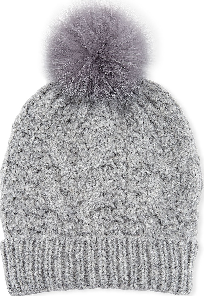 Il Borgo Cable Knit Beanie Hat w/ Fur Pompom