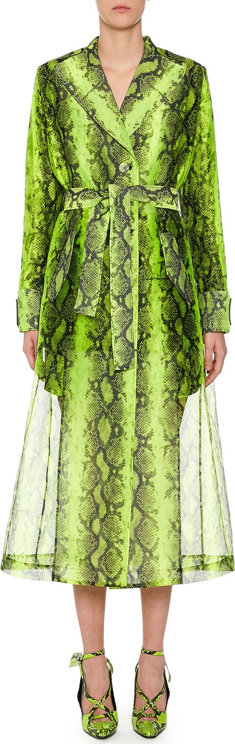Off White Python-Print Chiffon-Hem Trench Coat
