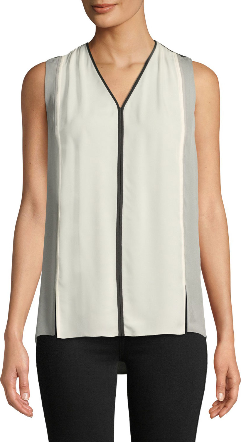 Elie Tahari Lacina V-Neck Sleeveless Colorblock Silk Blouse