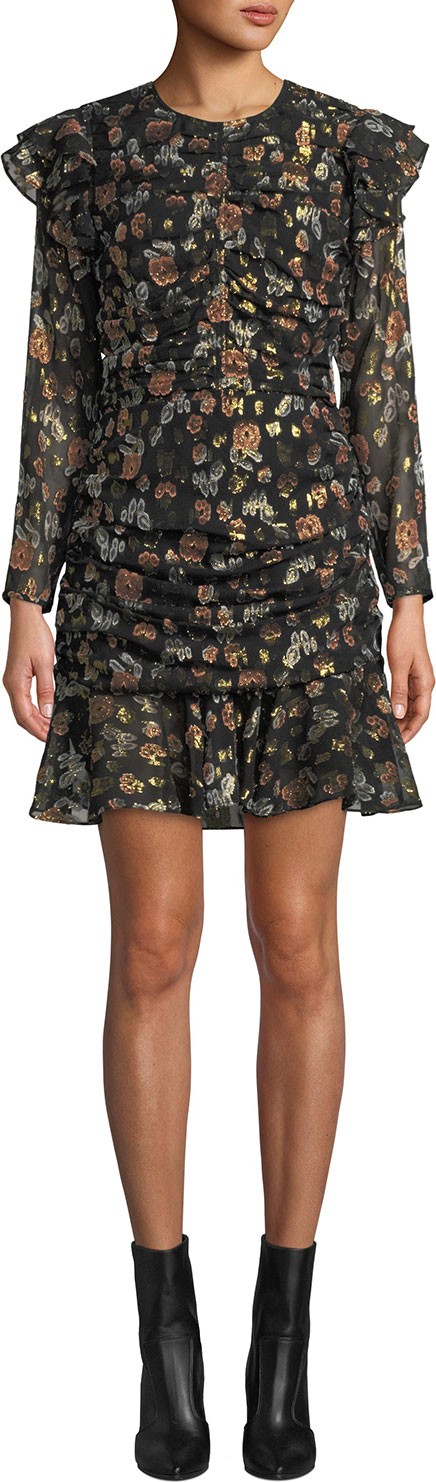 Veronica Beard Parc Ruched Floral Ruffle Short Dress