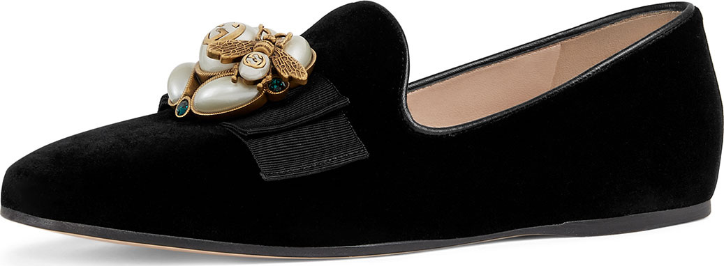 Gucci Flat Velvet Smoking Slipper with Bee Brooch