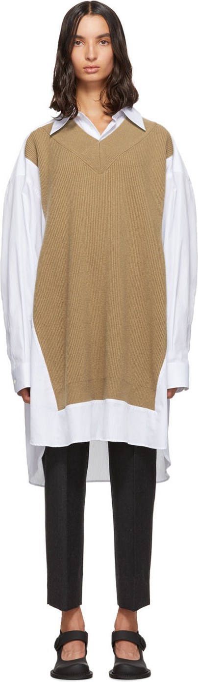 Maison Margiela White & Beige Knit Shirt Dress
