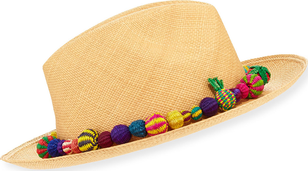 Valdez Panama Hats Bonita Straw Pompom Fedora Hat, Medium Brown