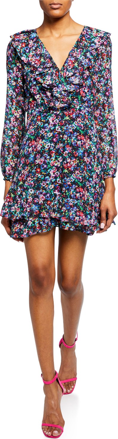 Saloni Jodie 3/4-Sleeve Floral-Print Silk Dress