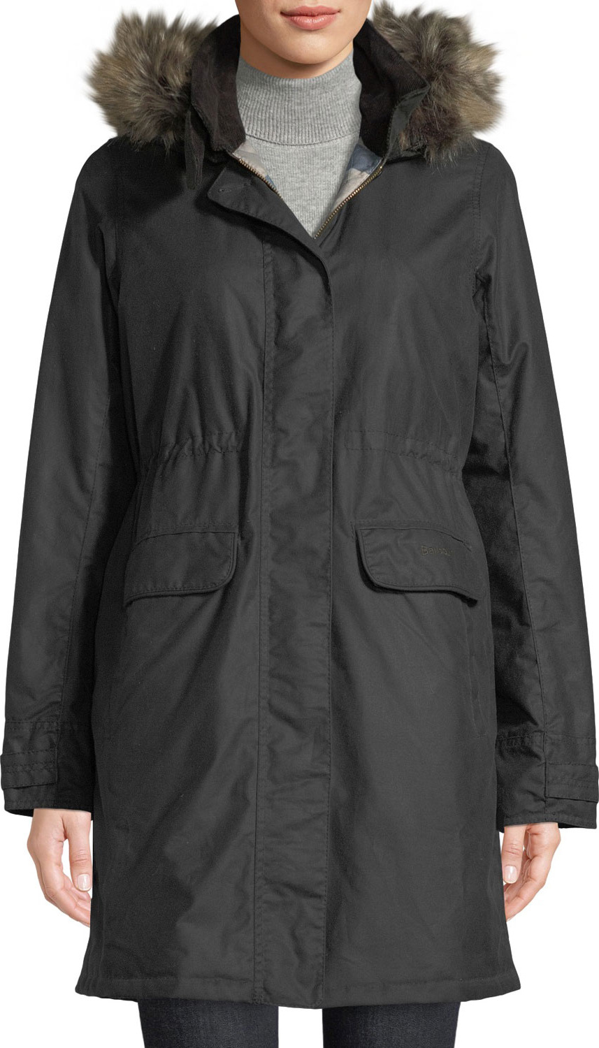 Barbour Galloway Waxed Jacket w/ Detachable Faux-Fur Hood