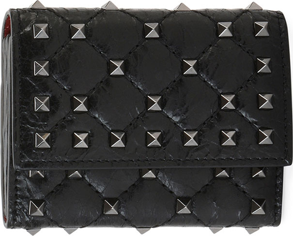 Valentino Rockstud Spike Crackled Card Case, Black