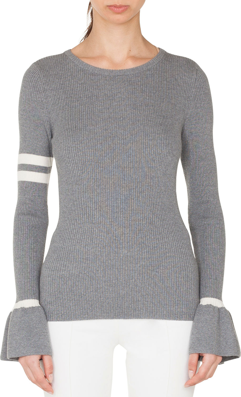 Akris Punto Crewneck Striped Long-Sleeve Wool Knit Pullover Sweater