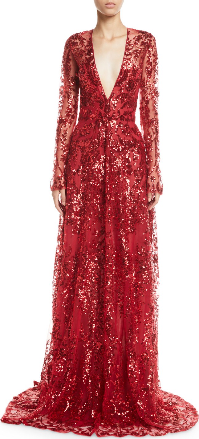 Naeem Khan Long-Sleeve Deep V-Neck Sequined-Lace Gown
