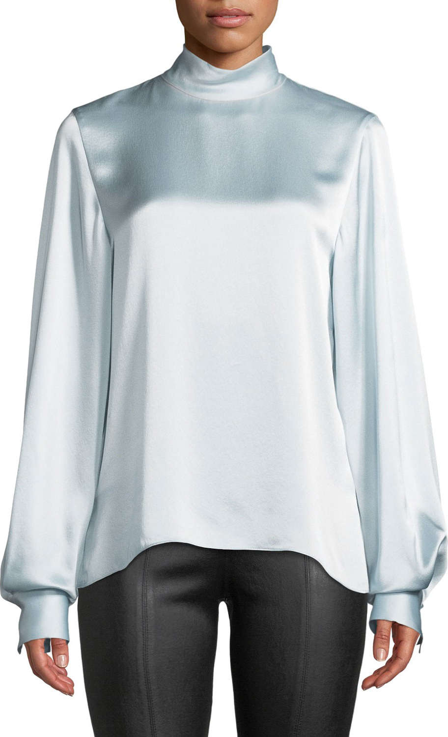 Vince Silk Turtleneck Blouson-Sleeve Top