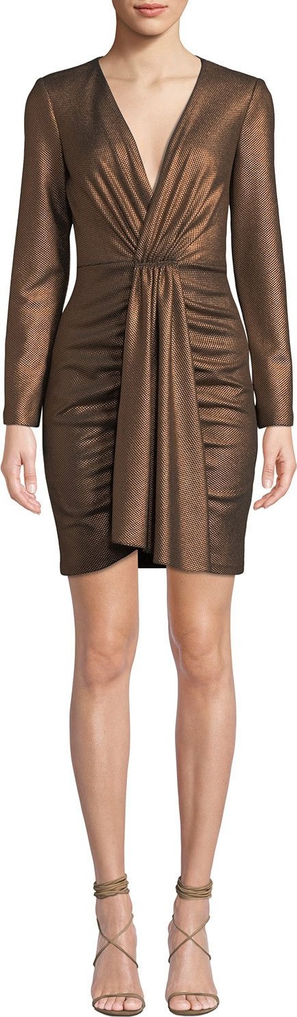 Aidan by Aidan Mattox V-Neck Long-Sleeve Foiled Knit Mini Dress