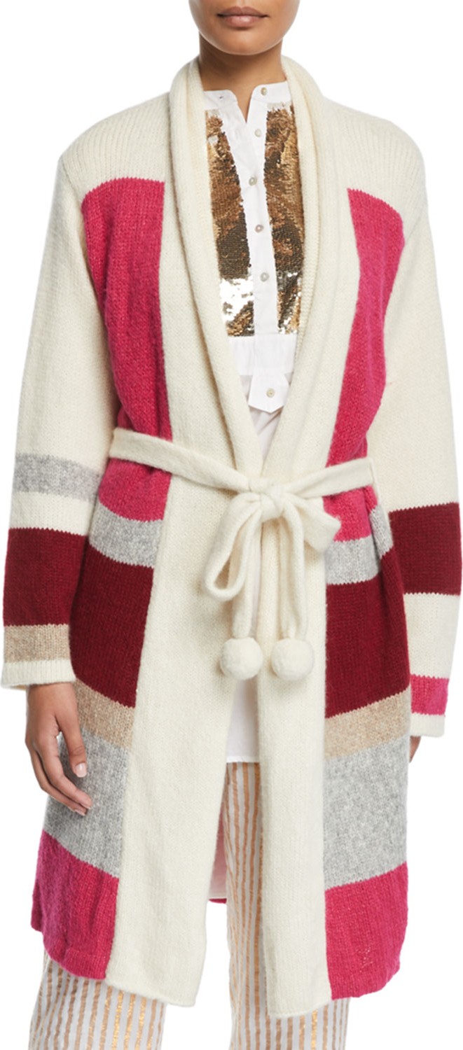 FIGUE Yara Colorblocked Sash-Waist Cardigan