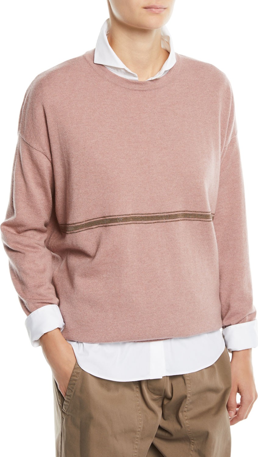 Brunello Cucinelli Cashmere Crewneck Sweater w/ Monili Stripe