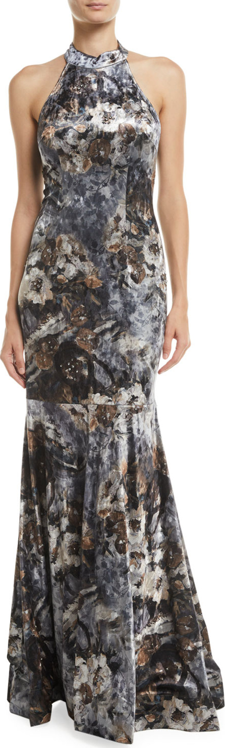 Jovani Devore Floral Velvet Halter Gown