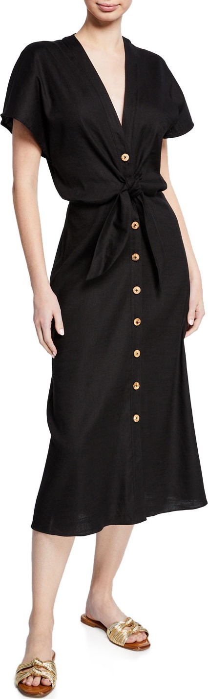 Veronica Beard Giana Tie-Front Linen Shirtdress
