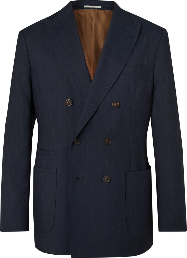 Brunello Cucinelli Navy Double-Breasted Pinstriped Wool, Linen and Silk-Blend Suit Jacket