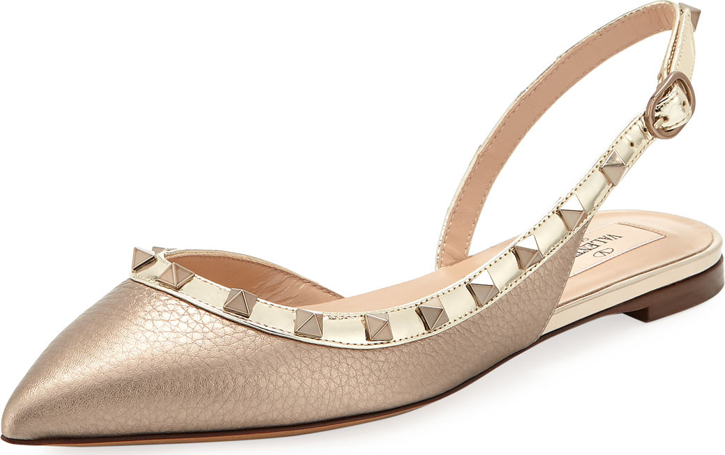 Valentino Rockstud Metallic Leather Slingback Ballet Flats
