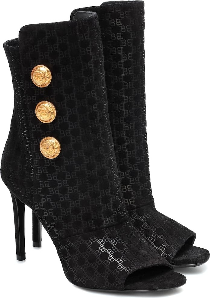 Balmain Flocked suede peep-toe ankle boots