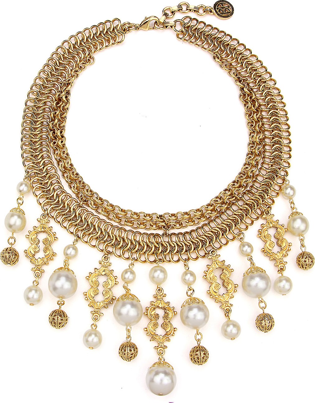 Ben-Amun Golden Chain Multi-Drop Pearly Bib Necklace