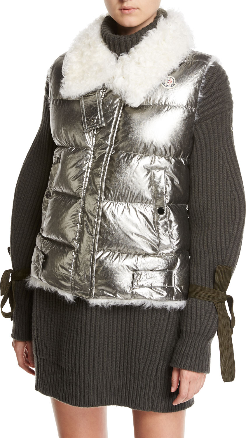Moncler Kerria Metallic Fur-Collar Puffer Vest