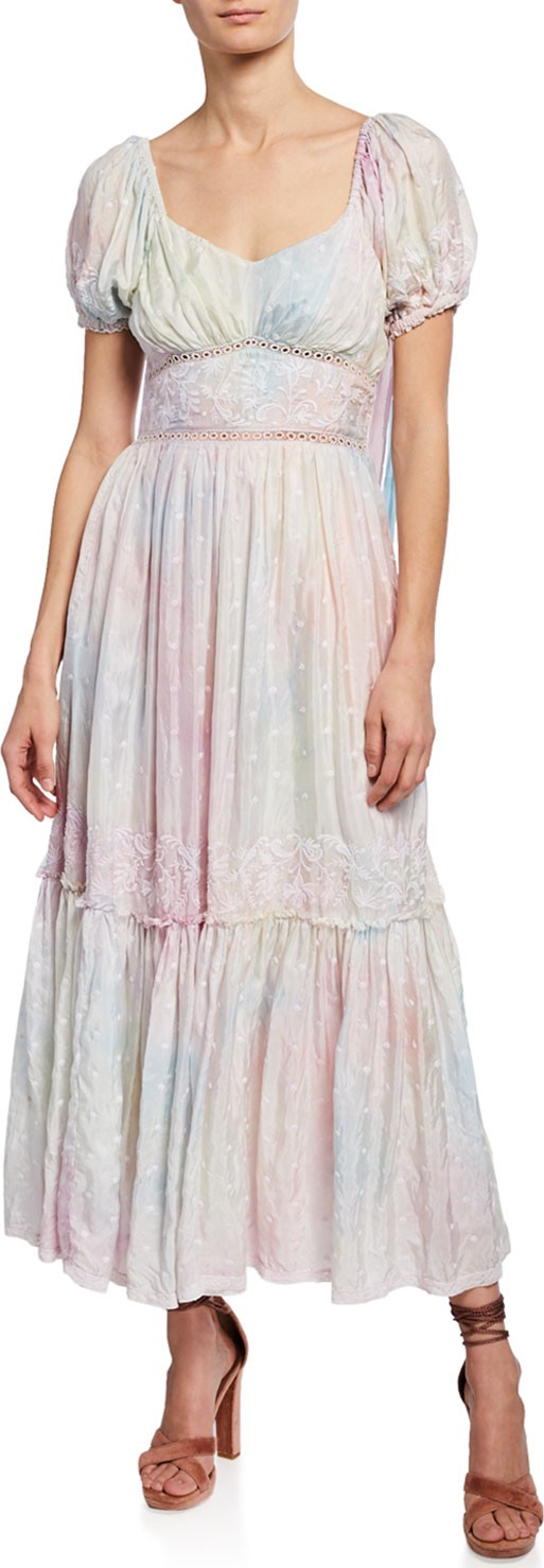 LOVESHACKFANCY Angie Embroidered Silk Puff-Sleeve Maxi Dress