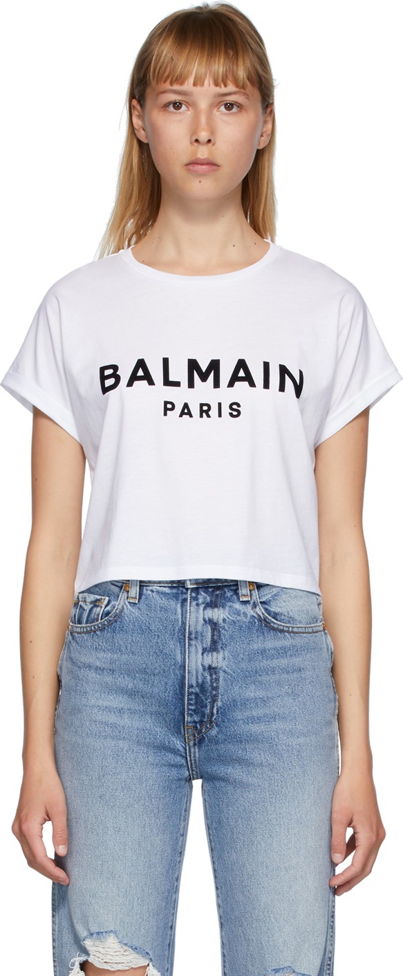 Balmain White Logo Cropped T-Shirt