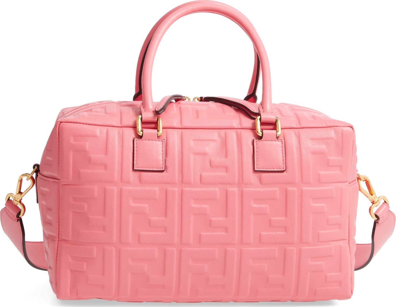 Fendi Boston Logo Embossed Lambskin Leather Satchel