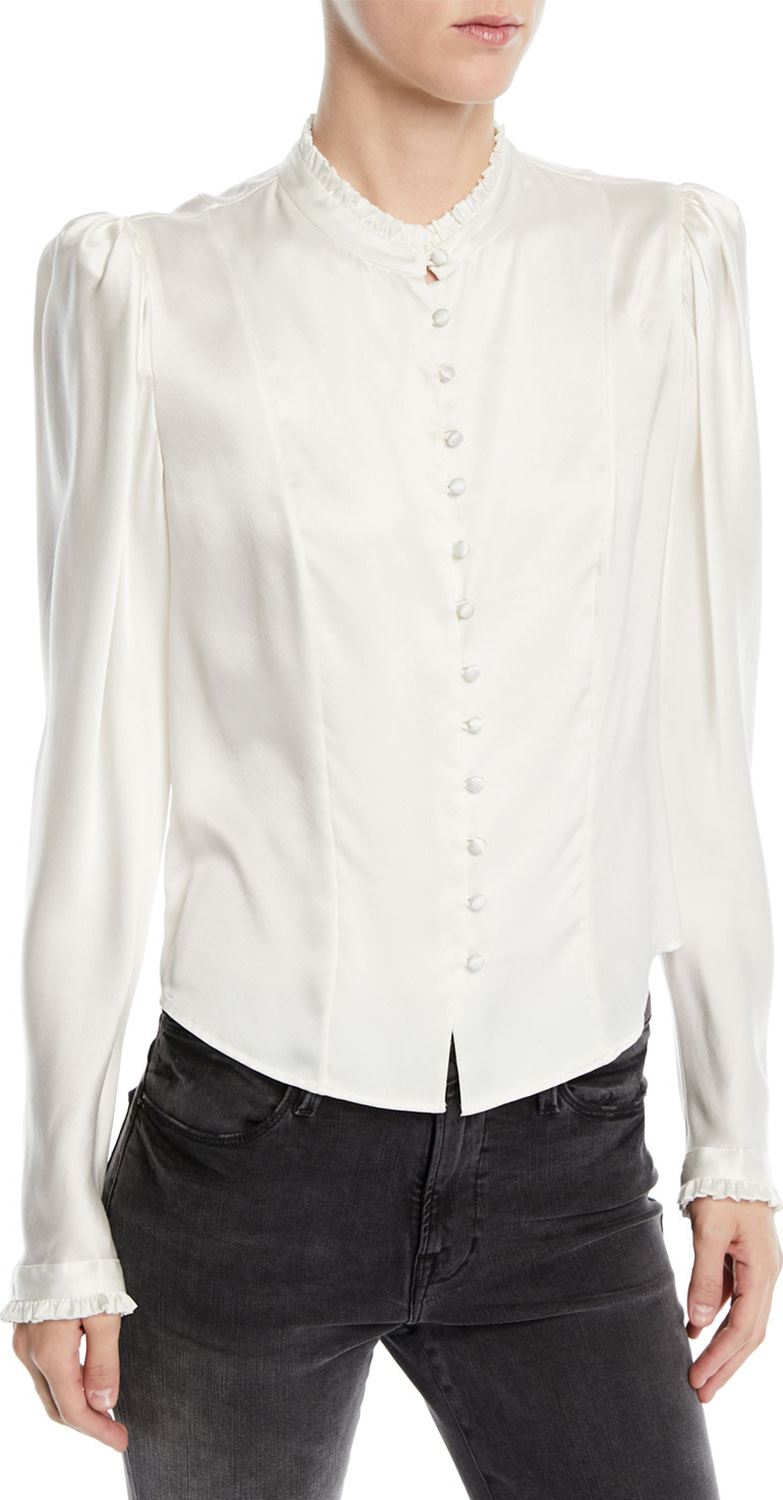 FRAME DENIM Victorian Pouf-Shoulder Button-Front Long-Sleeve Silk Blouse