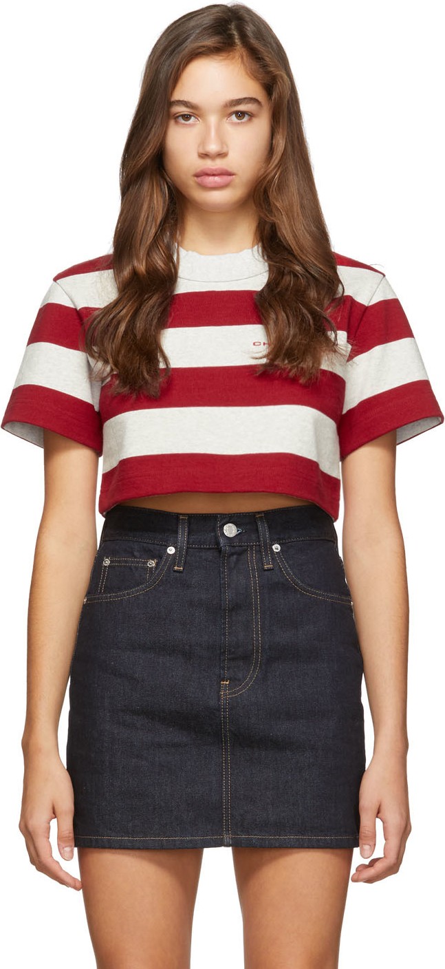 Alexander Wang Red & Grey Striped Cropped 'Chynatown' T-Shirt