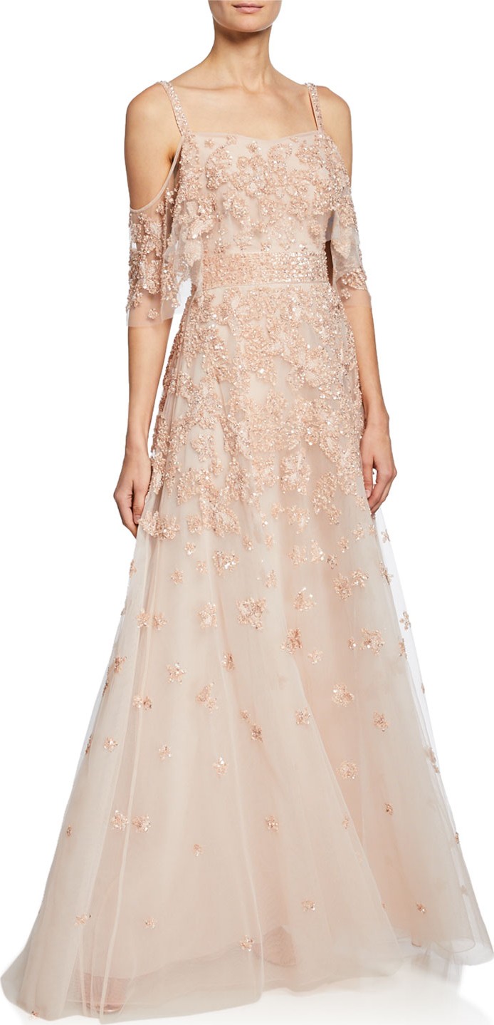 Zuhair Murad Hibiscus Embroidered Cold-Shoulder Gown