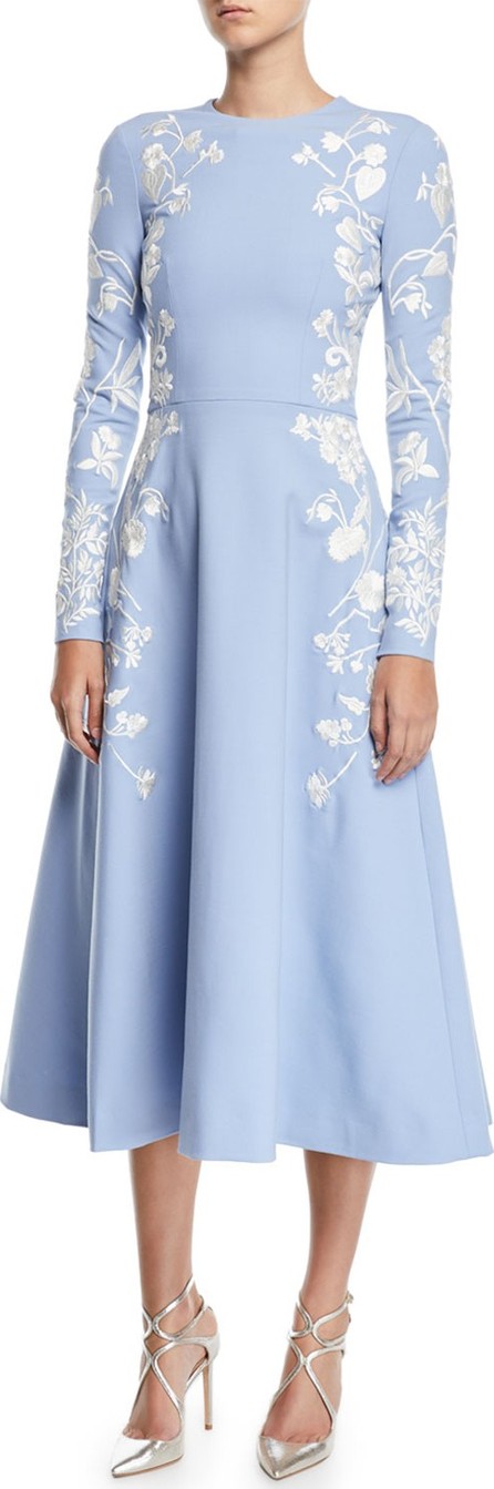 Oscar De La Renta Long-Sleeve Jewel-Neck Floral-Embroidered Midi Daytime Dress Oscar De La Renta Long-Sleeve Jewel-Neck Floral-Embroidered Midi Daytime Dress