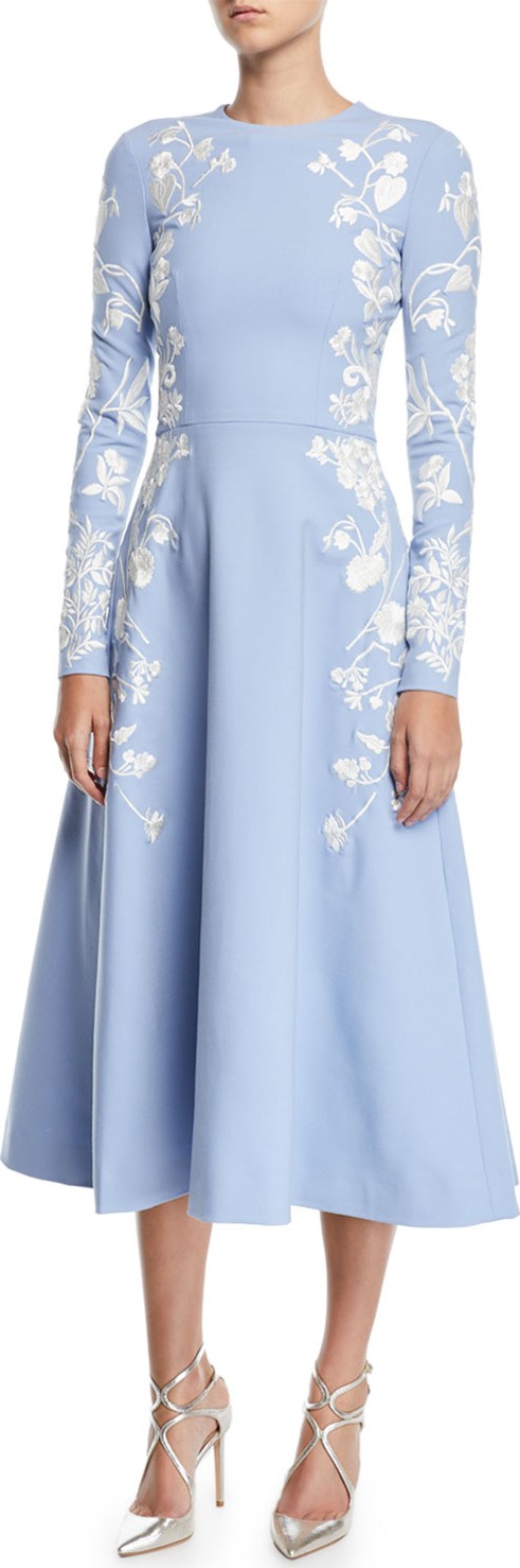 Oscar De La Renta Long-Sleeve Jewel-Neck Floral-Embroidered Midi Daytime Dress
