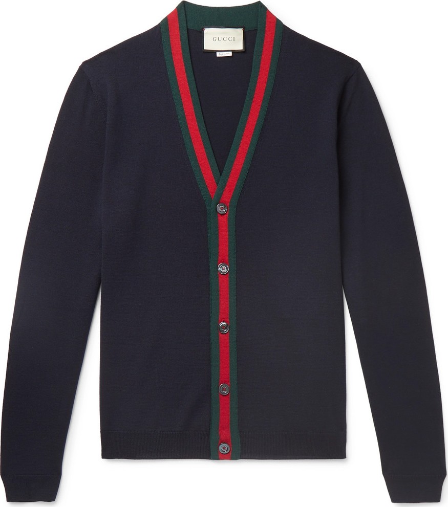 Gucci Slim-Fit Webbing-Trimmed Wool Cardigan