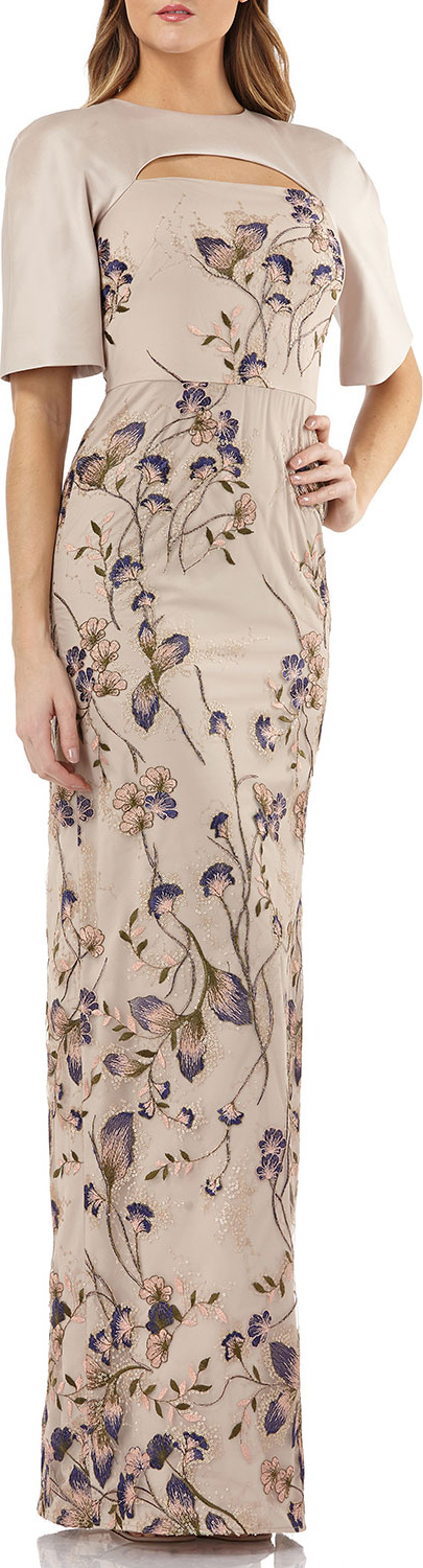 Kay Unger Cutout Mikado & Lace Gown w/ Sequin Embroidery