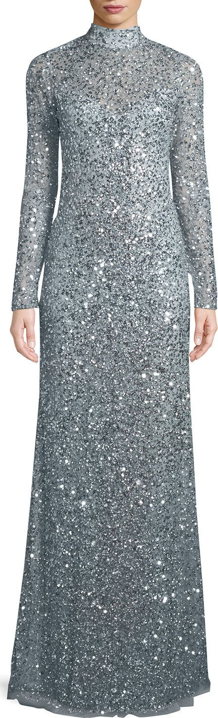 Parker Leandra Sequin High-Neck Long-Sleeve Gown